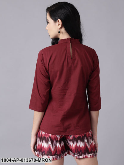 maroon Casual Printed High Neck Top