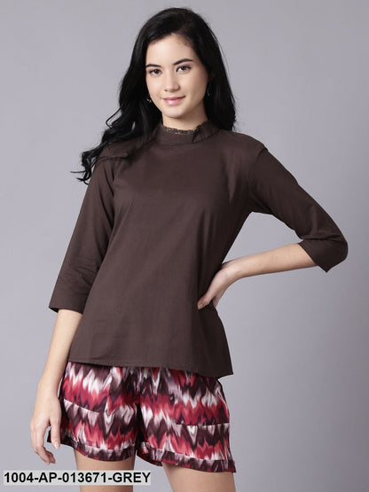 Grey Casual Printed High Neck Top