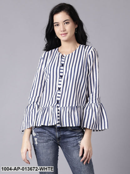 White Casual Striped Round Neck Top