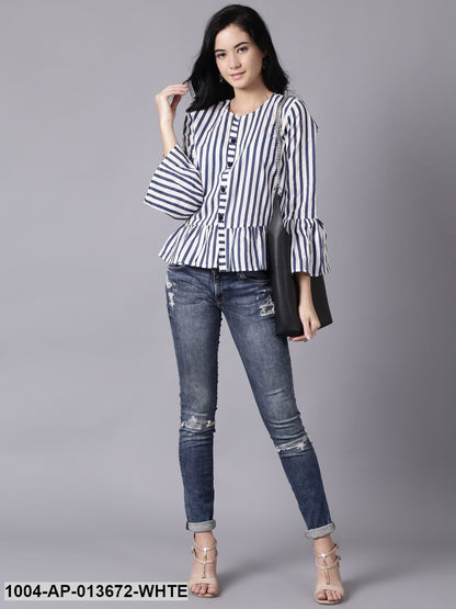 White Casual Striped Round Neck Top