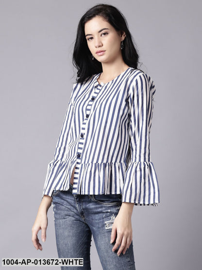 White Casual Striped Round Neck Top