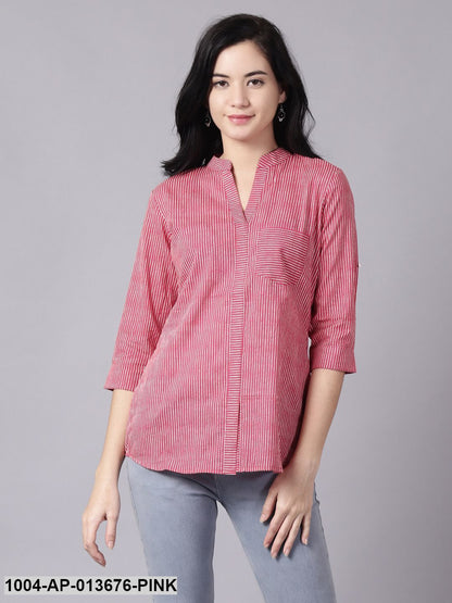 Pink Casual Striped Mandarin Collar Top