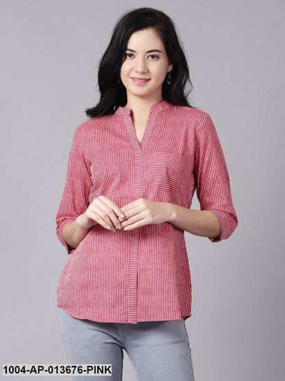 Pink Casual Striped Mandarin Collar Top