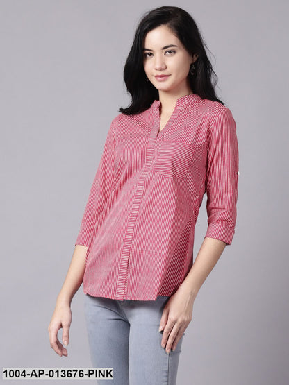 Pink Casual Striped Mandarin Collar Top