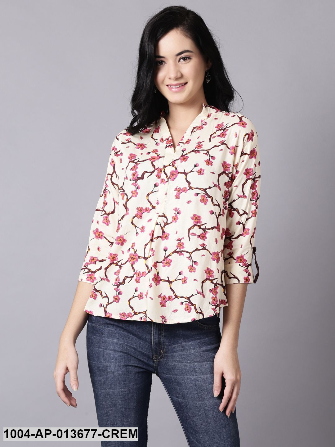 Cream Casual Printed Mandarin Collar Top