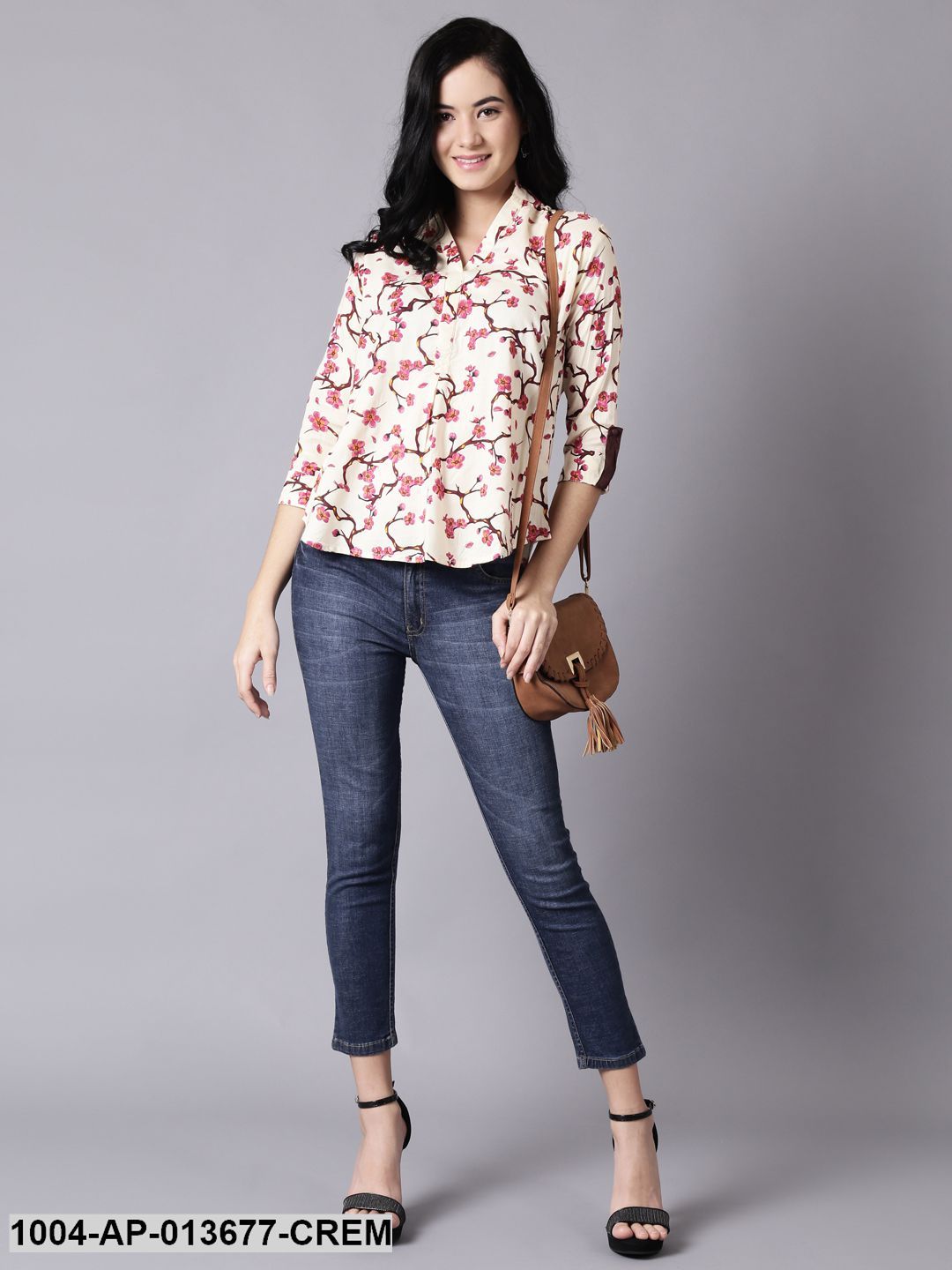 Cream Casual Printed Mandarin Collar Top