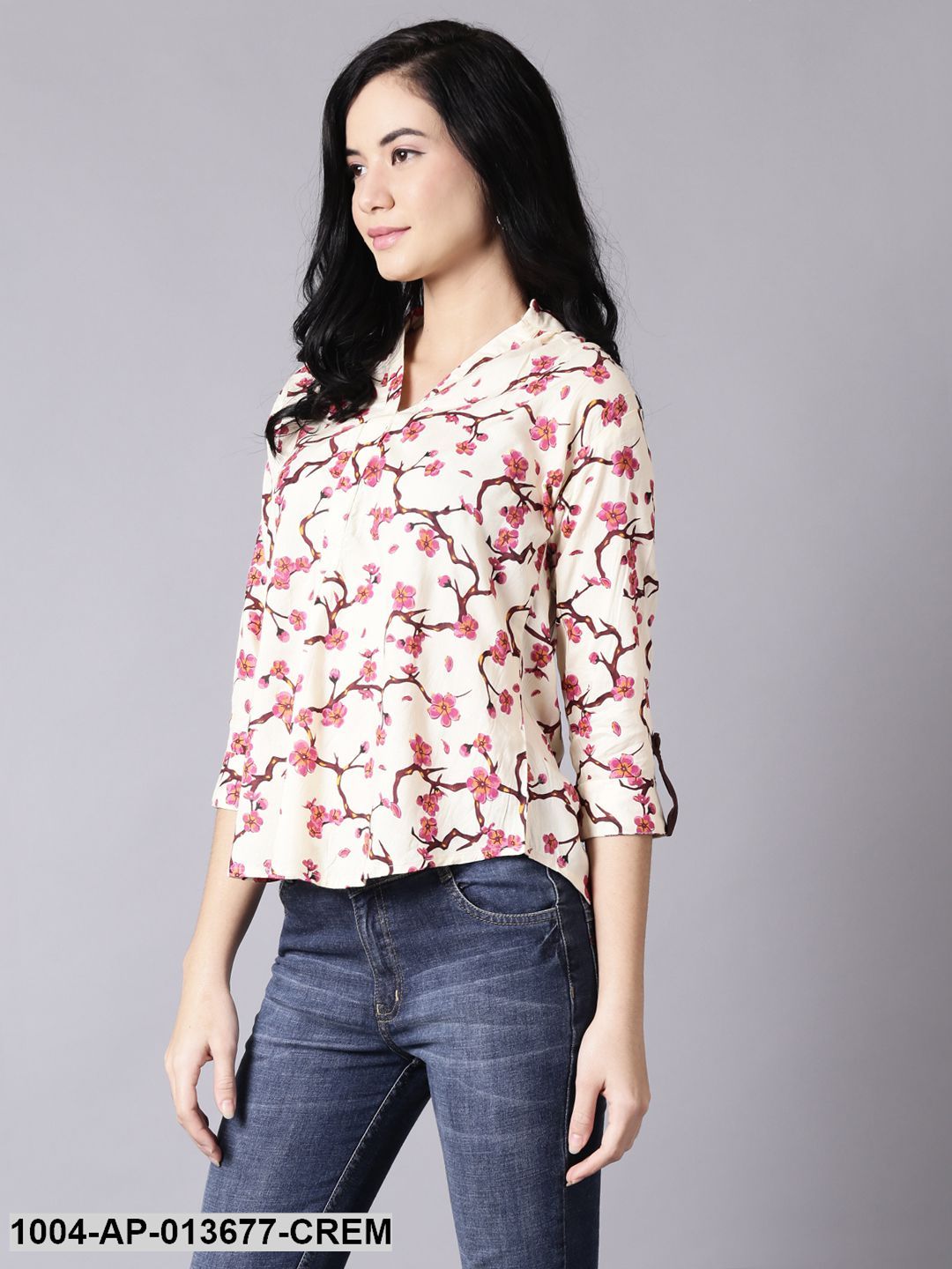 Cream Casual Printed Mandarin Collar Top