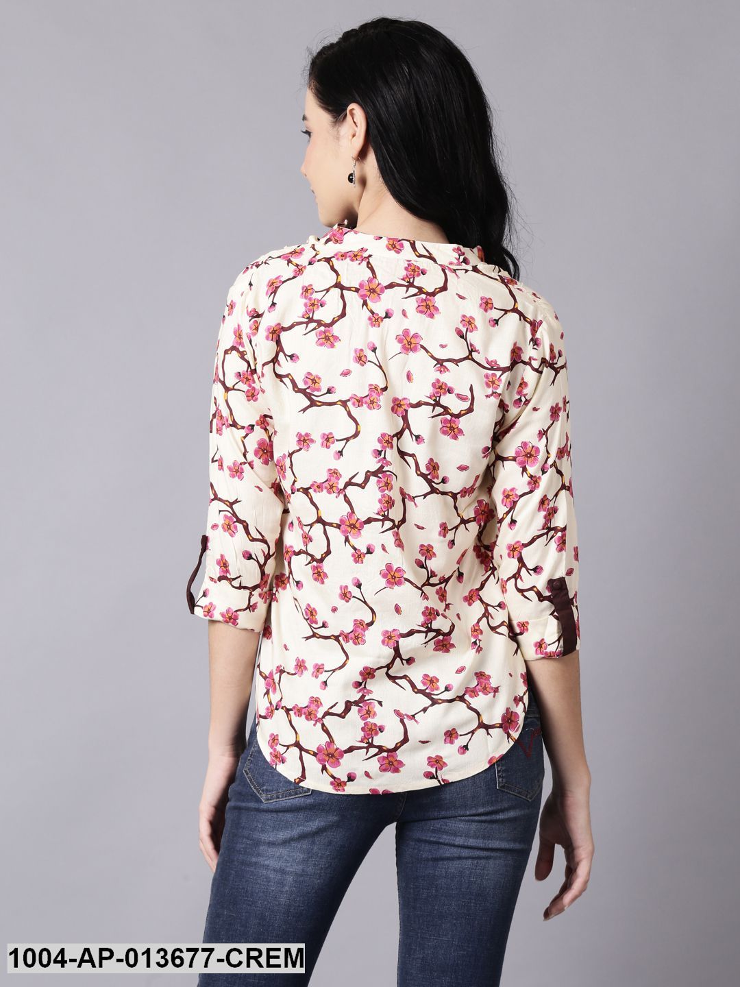 Cream Casual Printed Mandarin Collar Top