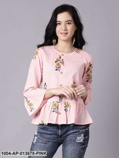 Baby Pink Casual Printed Round Neck Top