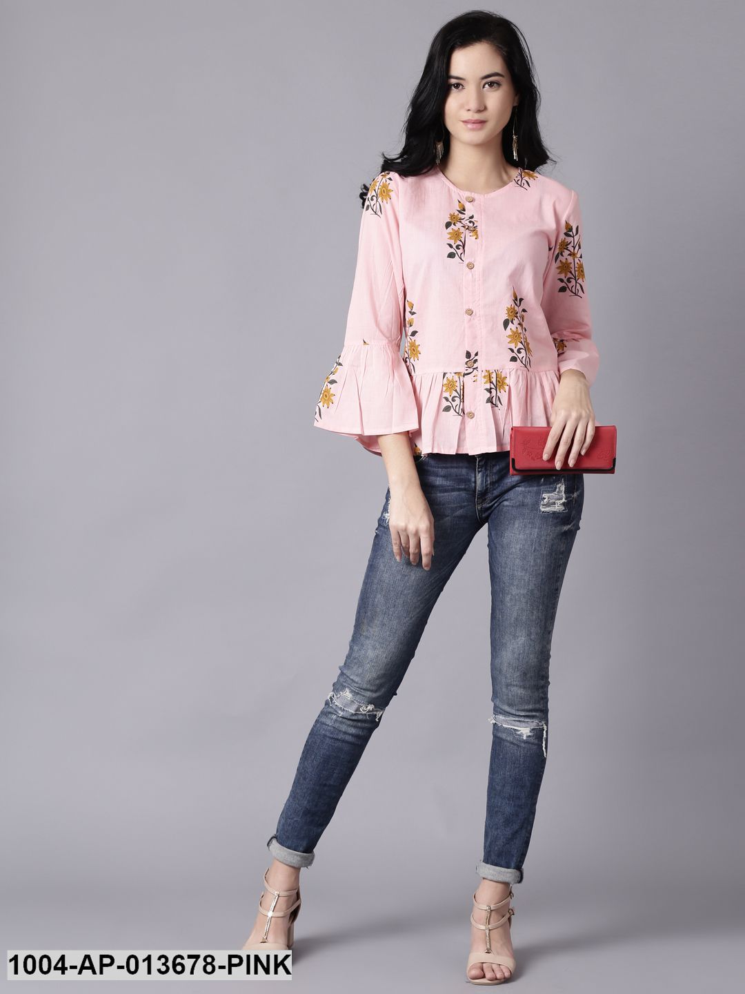 Baby Pink Casual Printed Round Neck Top