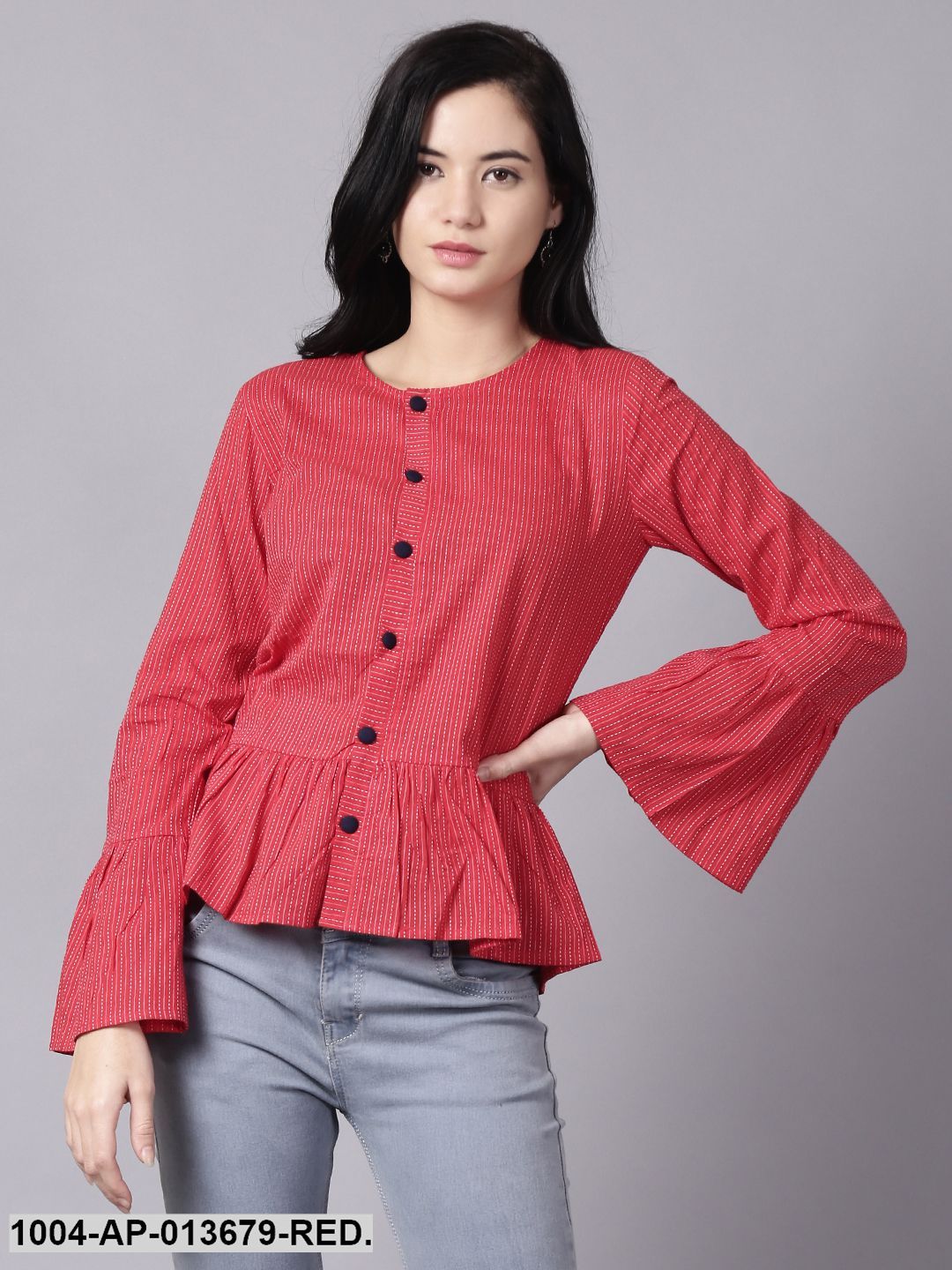 Red Casual Striped Round Neck Top