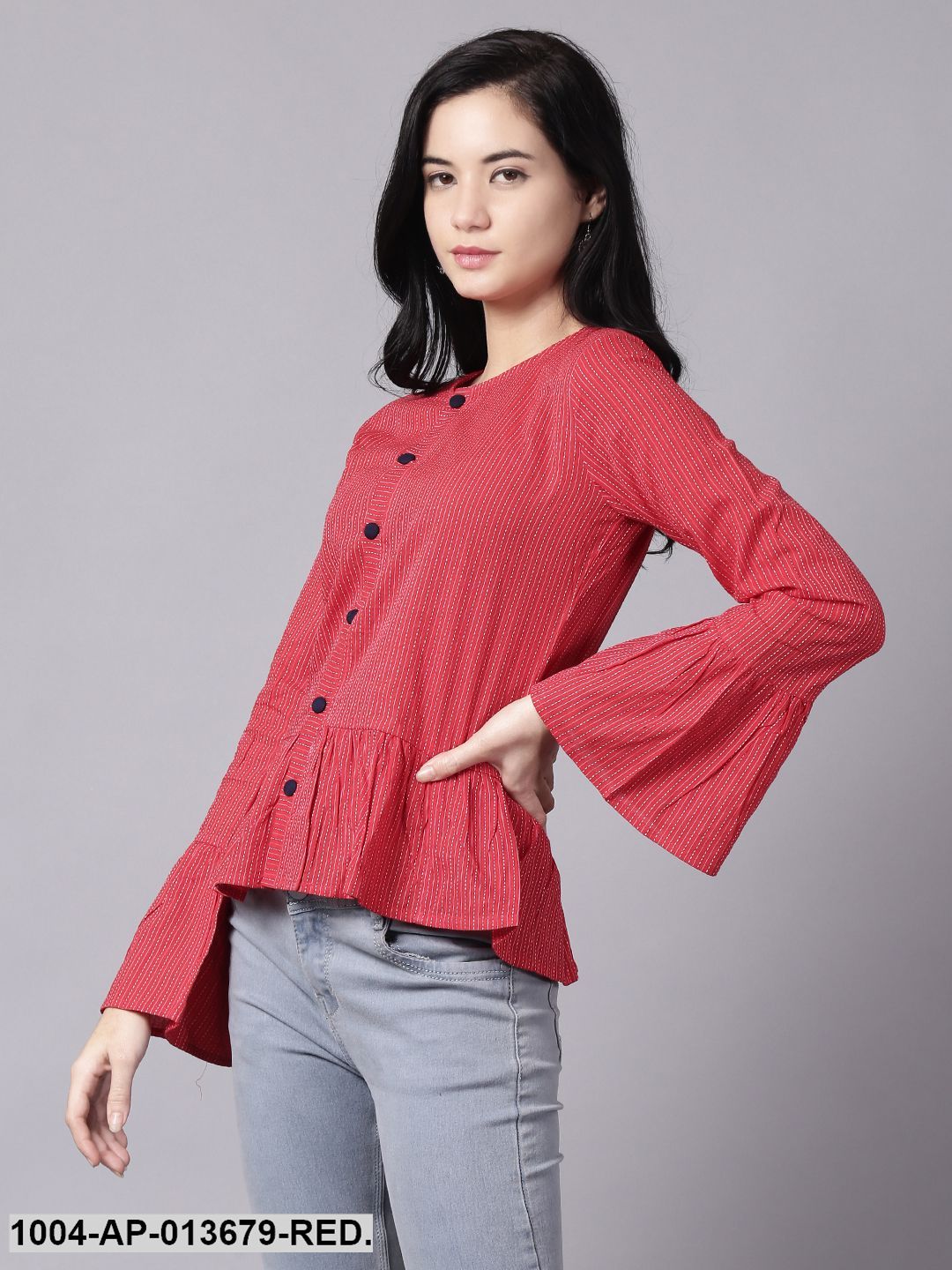 Red Casual Striped Round Neck Top
