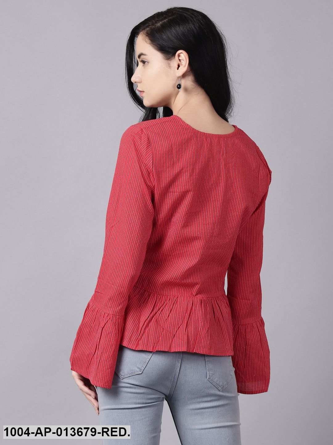 Red Casual Striped Round Neck Top