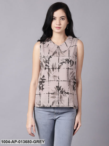 Grey Casual Printed Peter Pan Collar Top