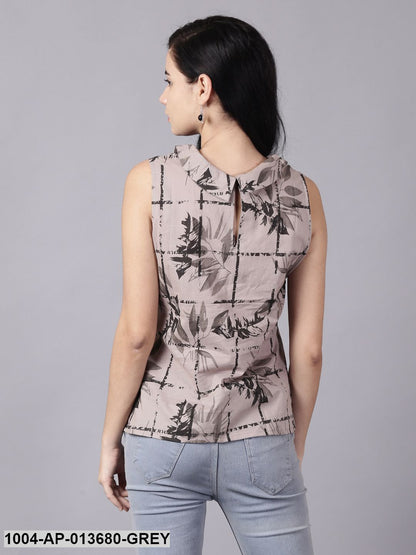 Grey Casual Printed Peter Pan Collar Top