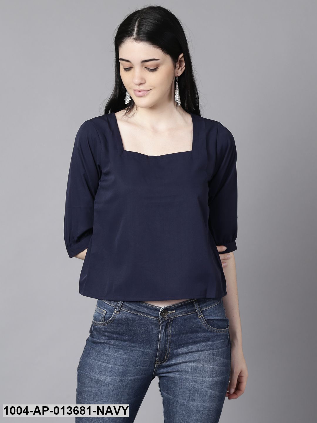 Navy Blue Casual Solid Square Neck Top