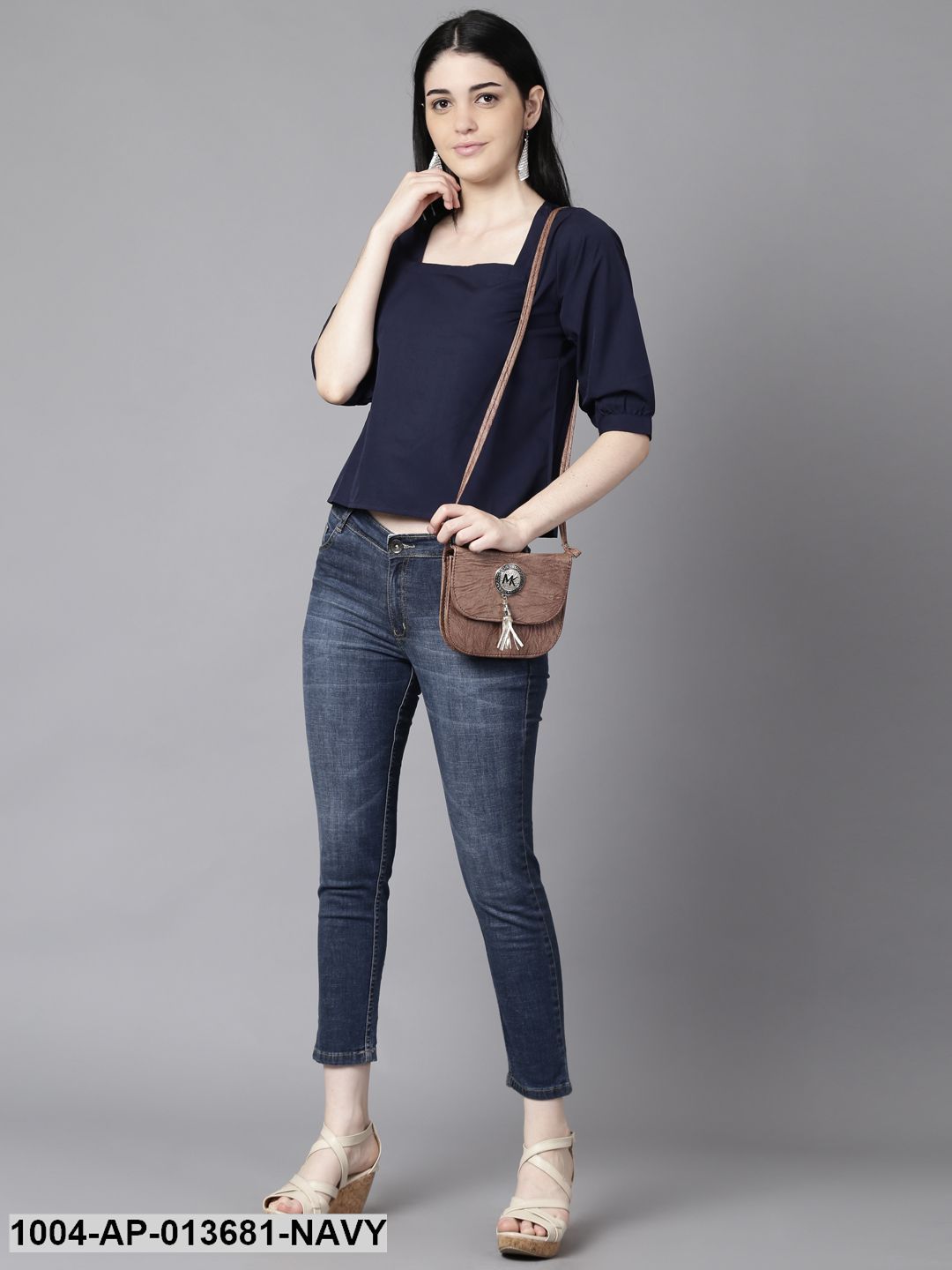 Navy Blue Casual Solid Square Neck Top