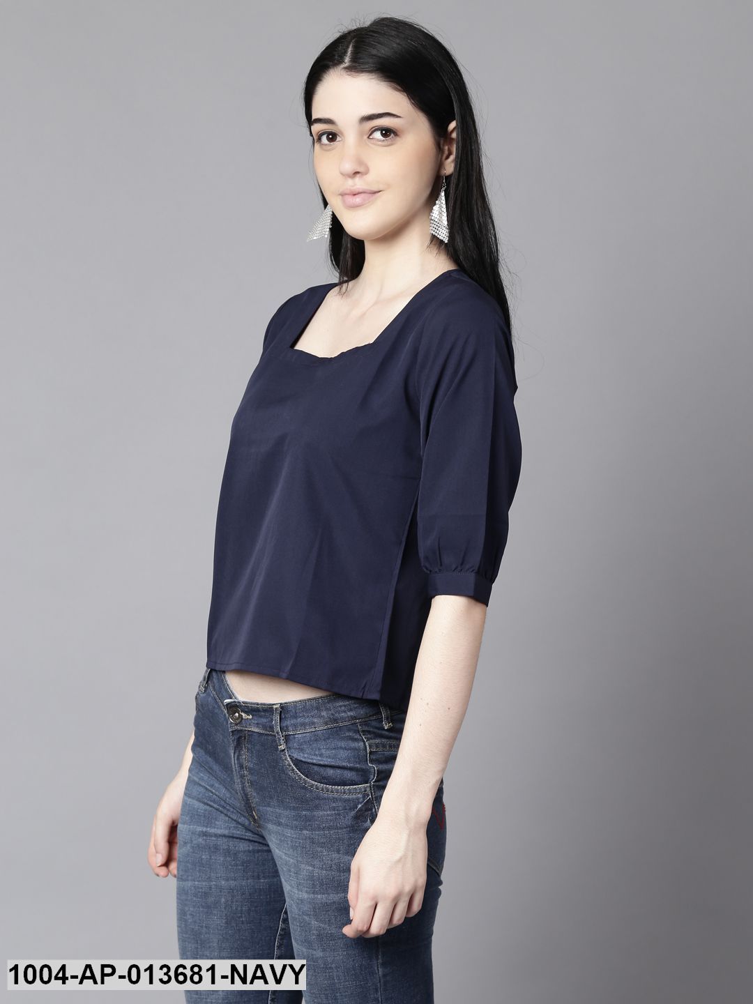 Navy Blue Casual Solid Square Neck Top