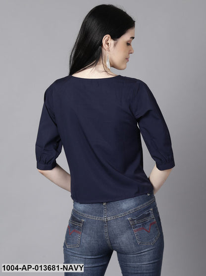 Navy Blue Casual Solid Square Neck Top