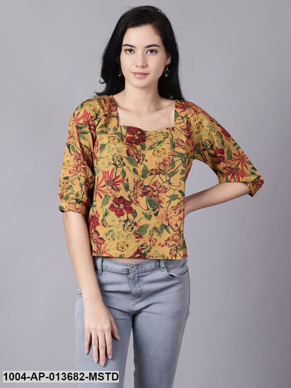 Mustard yellow Casual Printed Square Neck Top