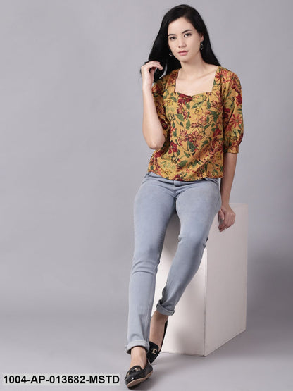 Mustard yellow Casual Printed Square Neck Top