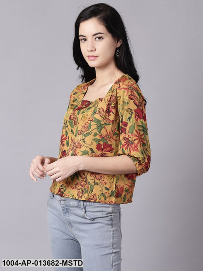 Mustard yellow Casual Printed Square Neck Top