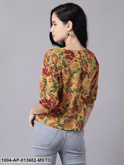 Mustard yellow Casual Printed Square Neck Top