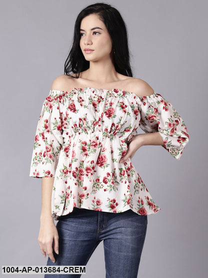 Cream Casual Printed Off-Shoulder Top
