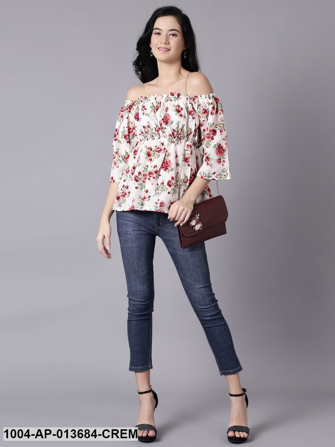 Cream Casual Printed Off-Shoulder Top