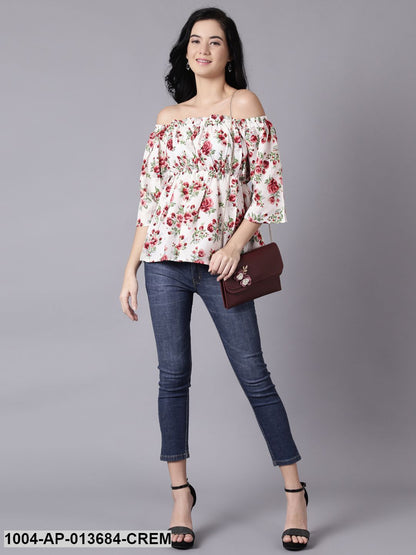 Cream Casual Printed Off-Shoulder Top