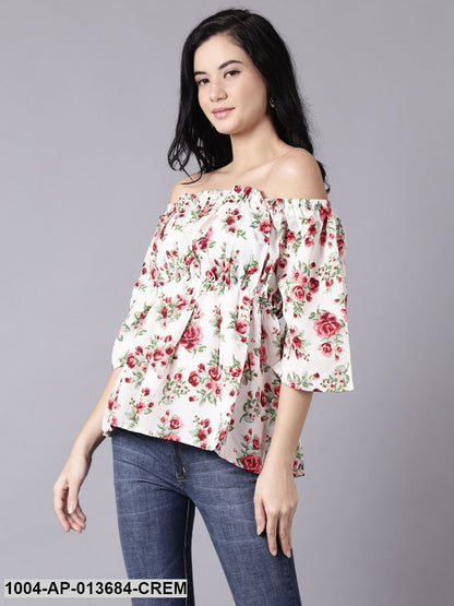 Cream Casual Printed Off-Shoulder Top