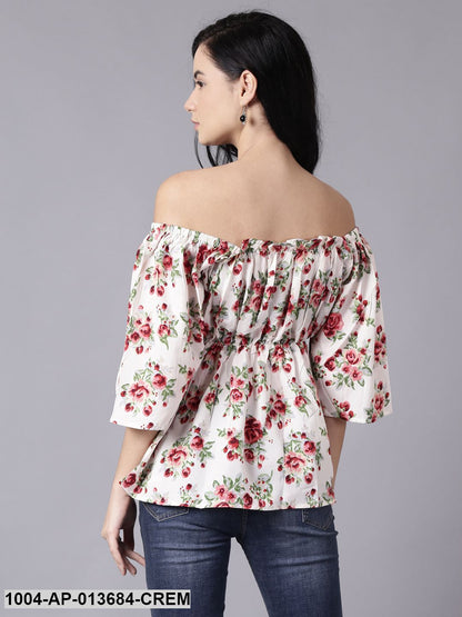 Cream Casual Printed Off-Shoulder Top