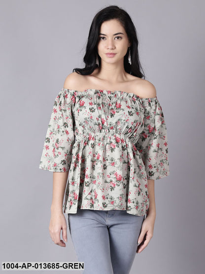 Green Casual Printed Off-Shoulder Top