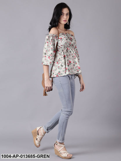 Green Casual Printed Off-Shoulder Top
