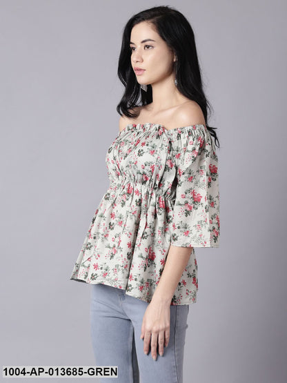 Green Casual Printed Off-Shoulder Top