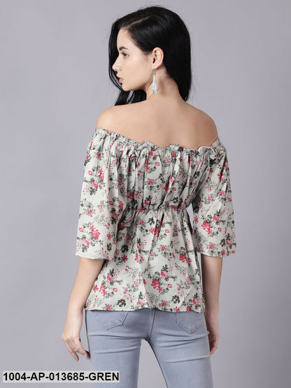 Green Casual Printed Off-Shoulder Top