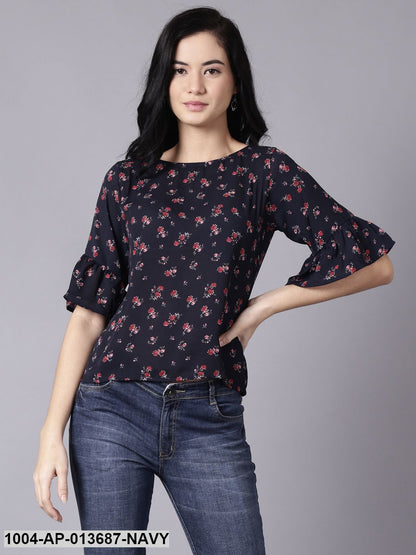 Navy Blue Casual Printed Round Neck Top