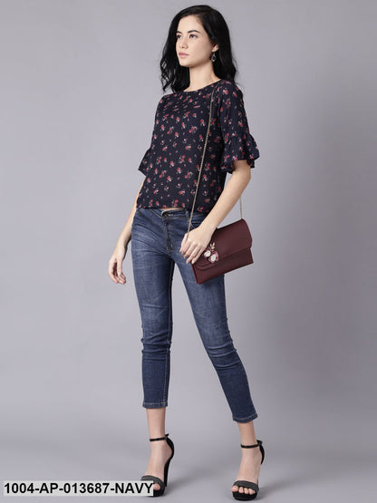 Navy Blue Casual Printed Round Neck Top