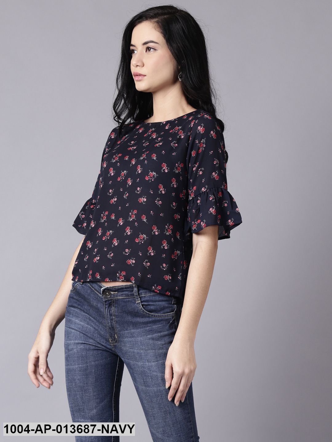 Navy Blue Casual Printed Round Neck Top