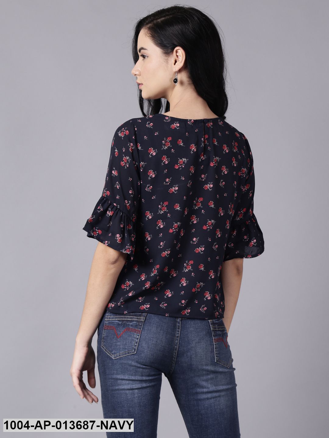 Navy Blue Casual Printed Round Neck Top