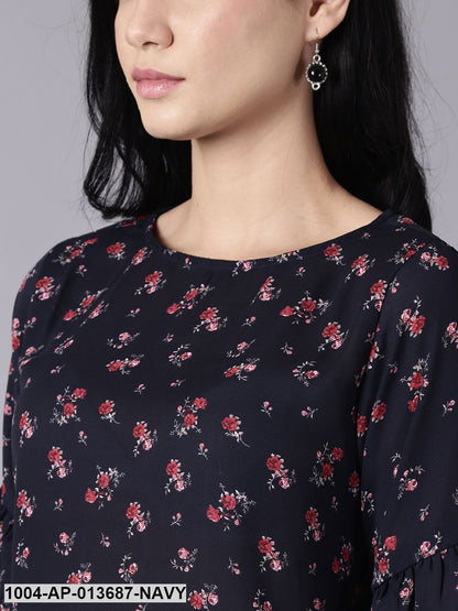 Navy Blue Casual Printed Round Neck Top