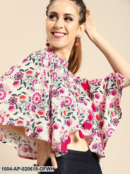 Off-White & Pink Floral Print Wrap Cape Top