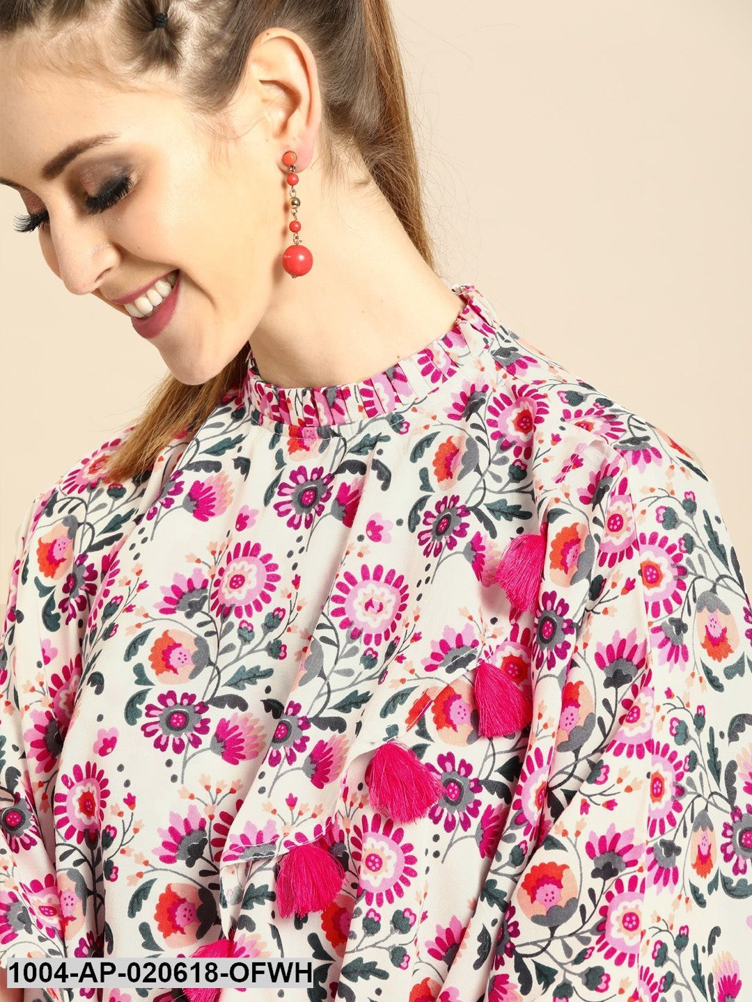 Off-White & Pink Floral Print Wrap Cape Top