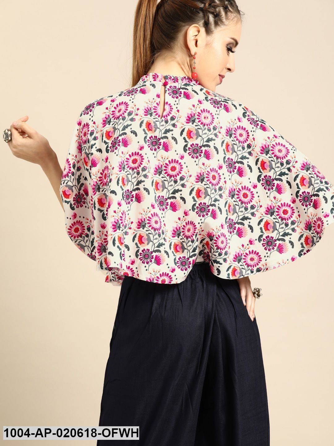 Off-White & Pink Floral Print Wrap Cape Top
