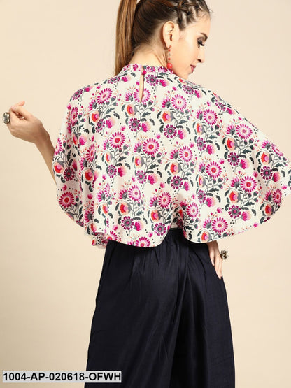 Off-White & Pink Floral Print Wrap Cape Top