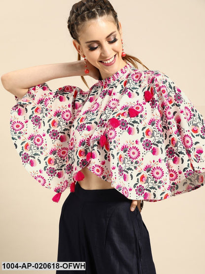 Off-White & Pink Floral Print Wrap Cape Top