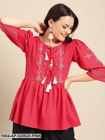 Pink & White Embroidered Top With Gathered & Tie-Up Detail