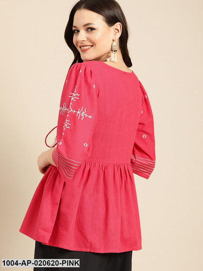 Pink & White Embroidered Top With Gathered & Tie-Up Detail