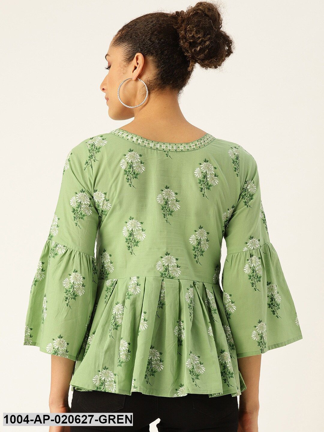 Green & White Floral Print A-Line Top