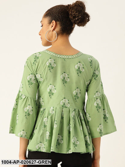 Green & White Floral Print A-Line Top